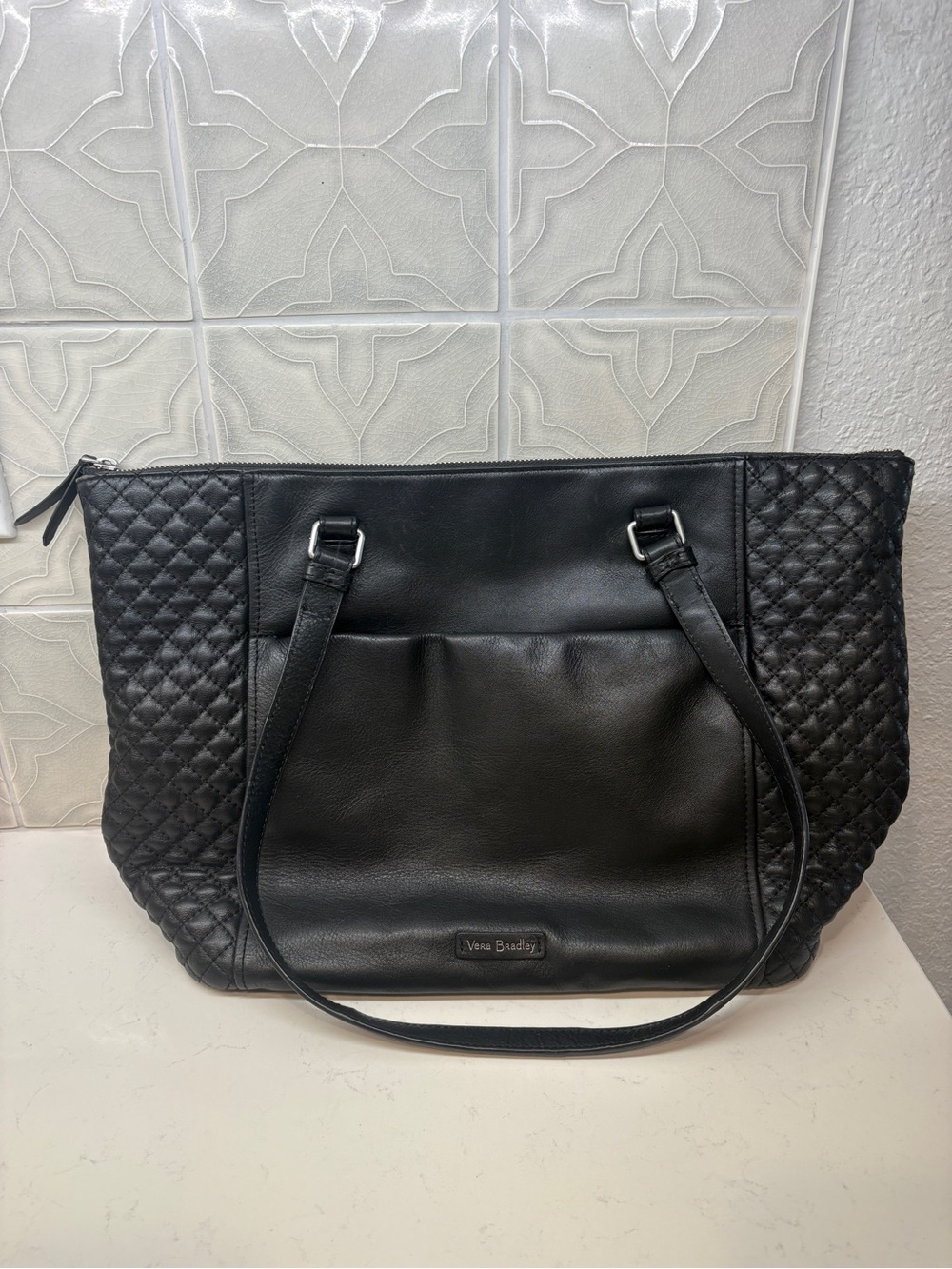 Vera Bradley Black Quilted-Panel Leather Tote